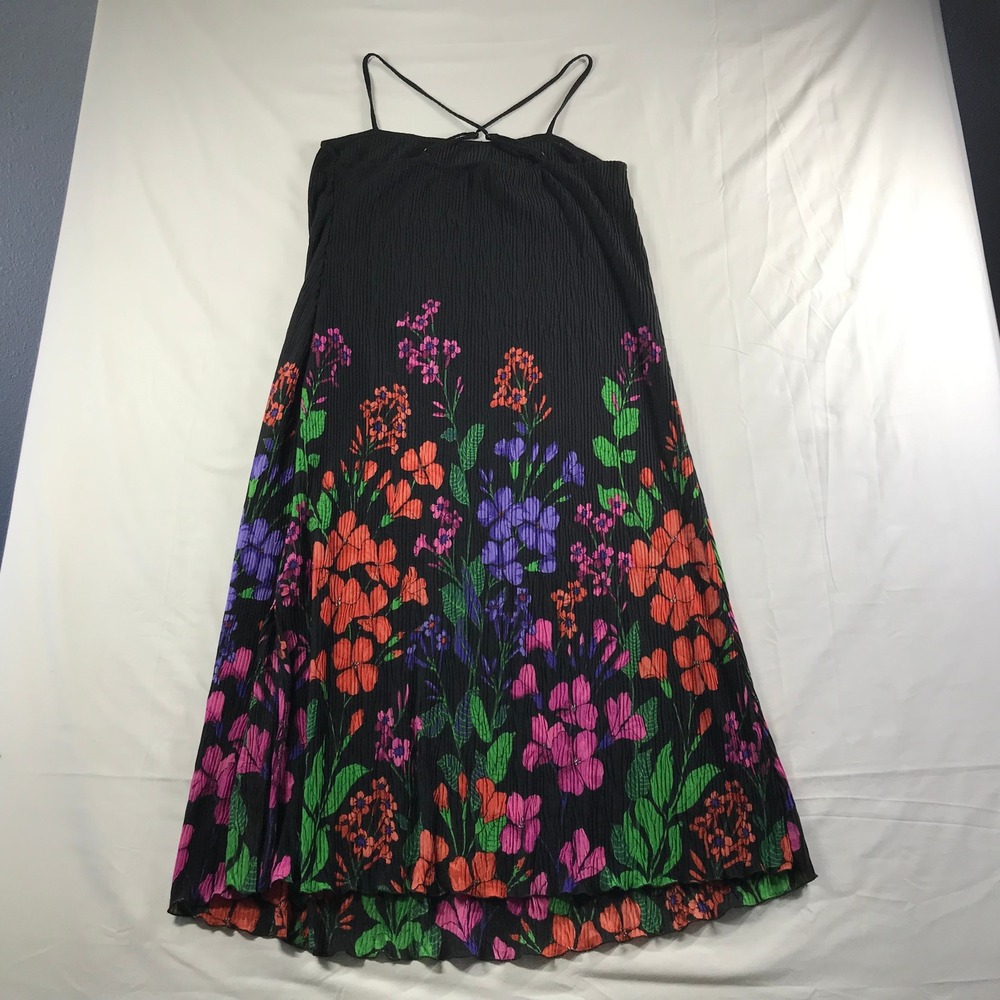 Anthropologie Black Floral Pleated Crinkle Maxi Dress Large Adjustable Straps - Picture 6 of 6